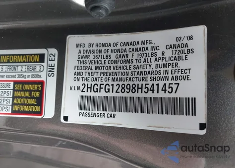 2008 Honda Civic Ex from USA, damaged, VIN 2HGFG12898H541457